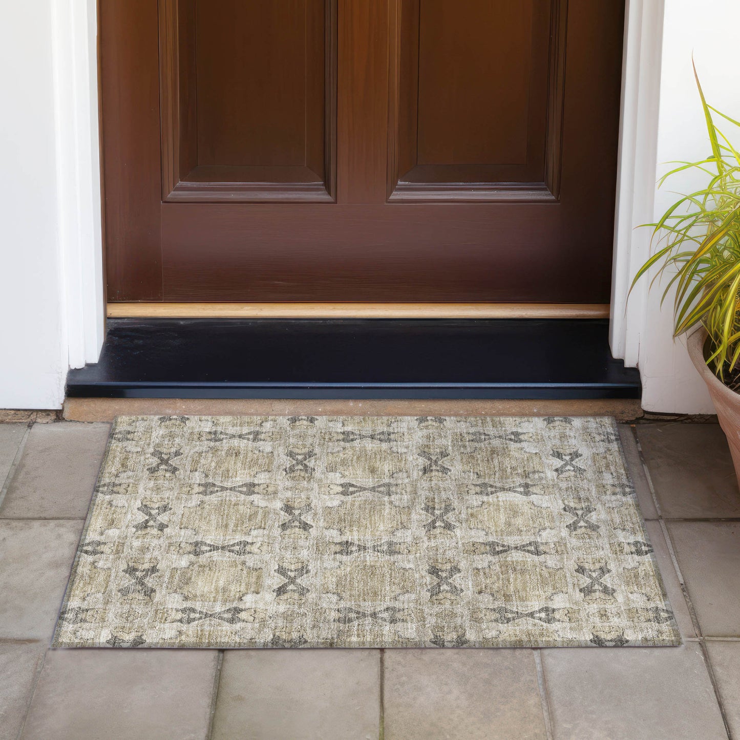 2' X 3' Beige and Gray Floral Medallion Washable Non Skid Indoor Outdoor Area Rug