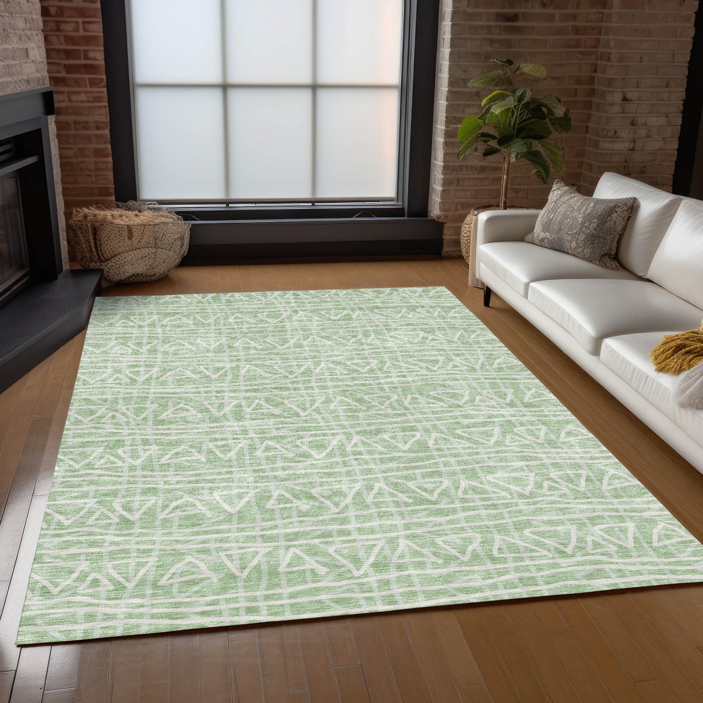 8' X 10' Mint Green Artichoke Green And Ivory Geometric Washable Indoor Outdoor Area Rug