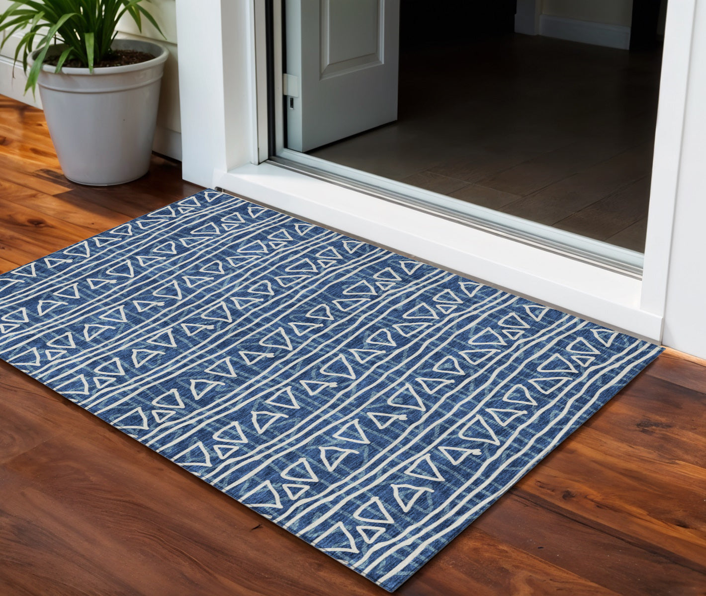 3' X 5' Navy Blue And Ivory Geometric Washable Indoor Outdoor Area Rug