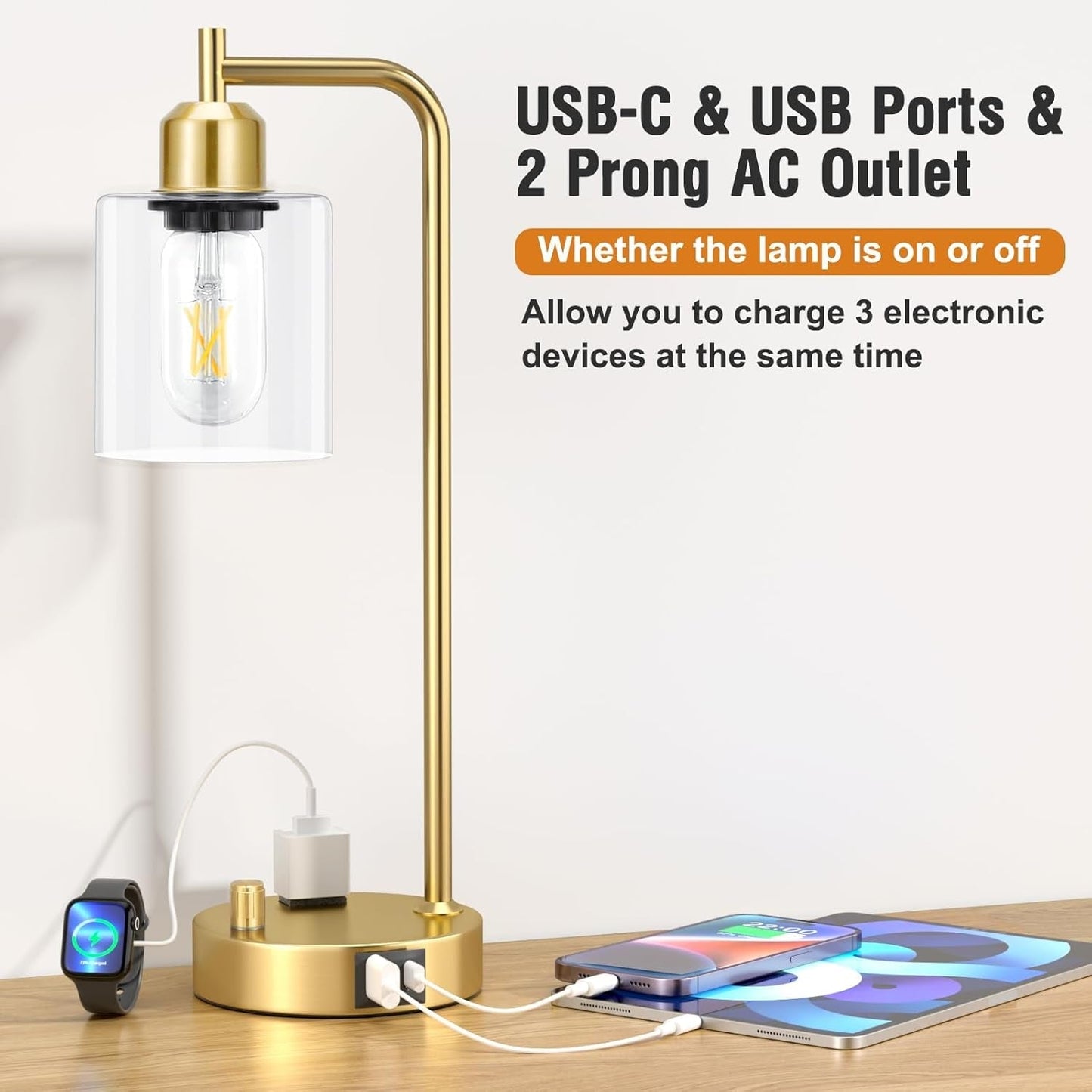 Industrial Table Lamps for Bedroom Set of 2 - Fully Dimmable Bedside Lamps with USB Ports and Outlet, Gold Nightstand Lamps with Clear Glass Shade for Living Room, Desk Lamps for Office Reading