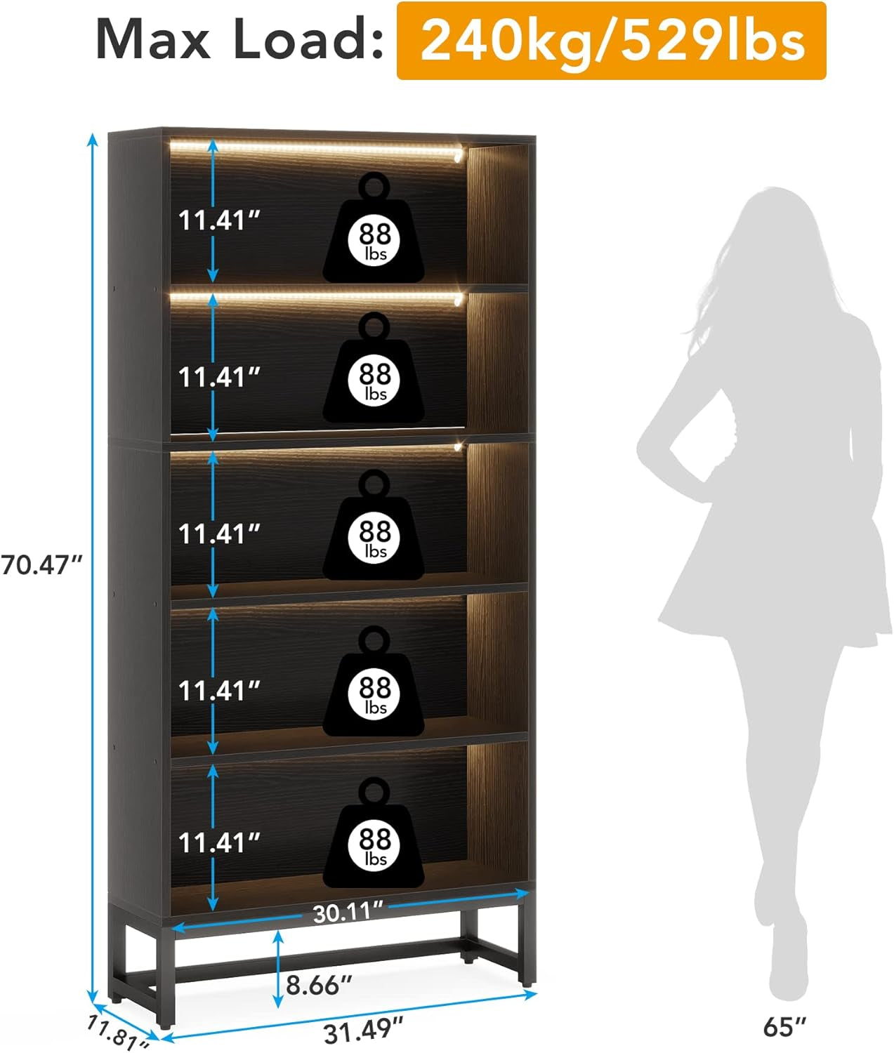 Tall Bookcase Black Bookshelf, 70.8” Large Bookcases Organizer with LED Lights, Heavy Duty Free-Standing Library Bookshelf with 5-Tier Storage Shelves for Living Room, Bedroom (Black)