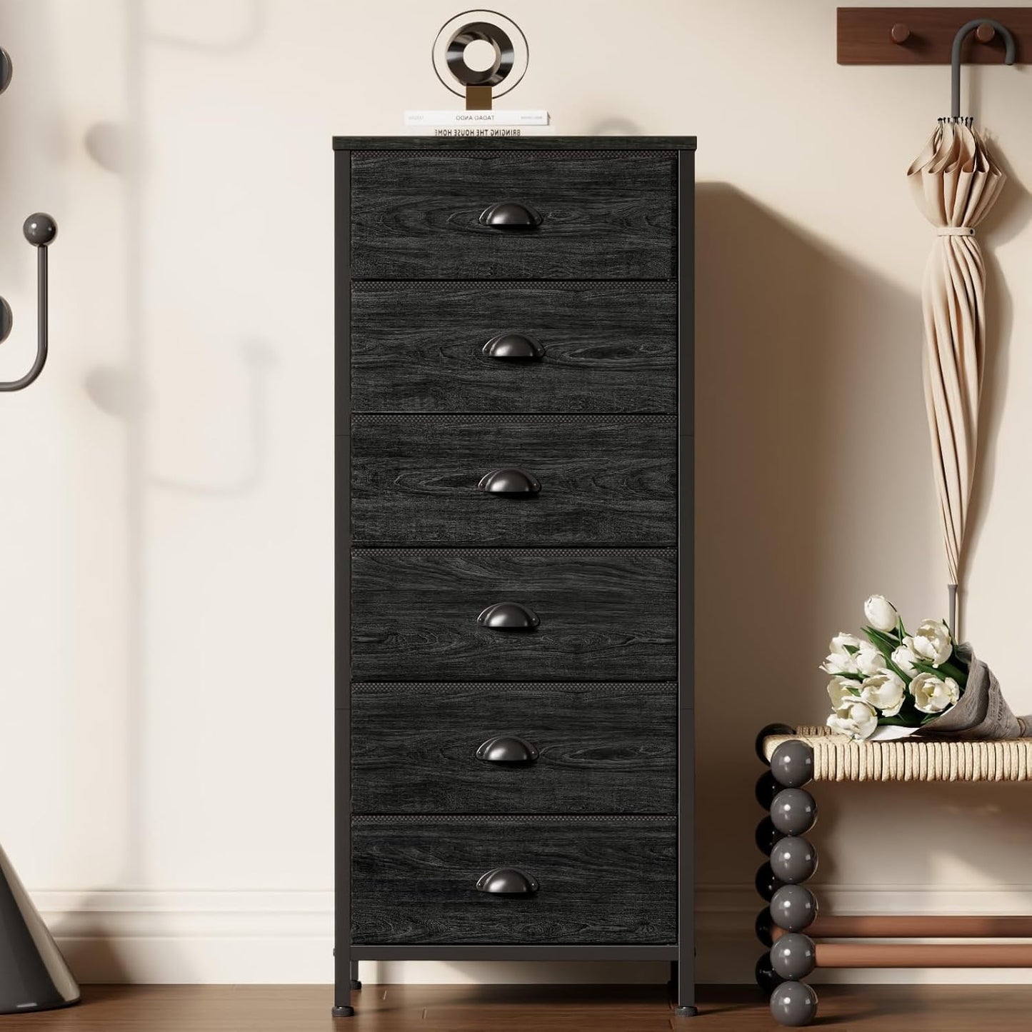 Tall Dresser with 6 Drawers,Vertical Bedside End Table & Chest for Bedroom,Black Storage Tower Dorm Nightstand with Fabric Drawer Organizer Unit Furniture in Living Room,Closet,Hallyway