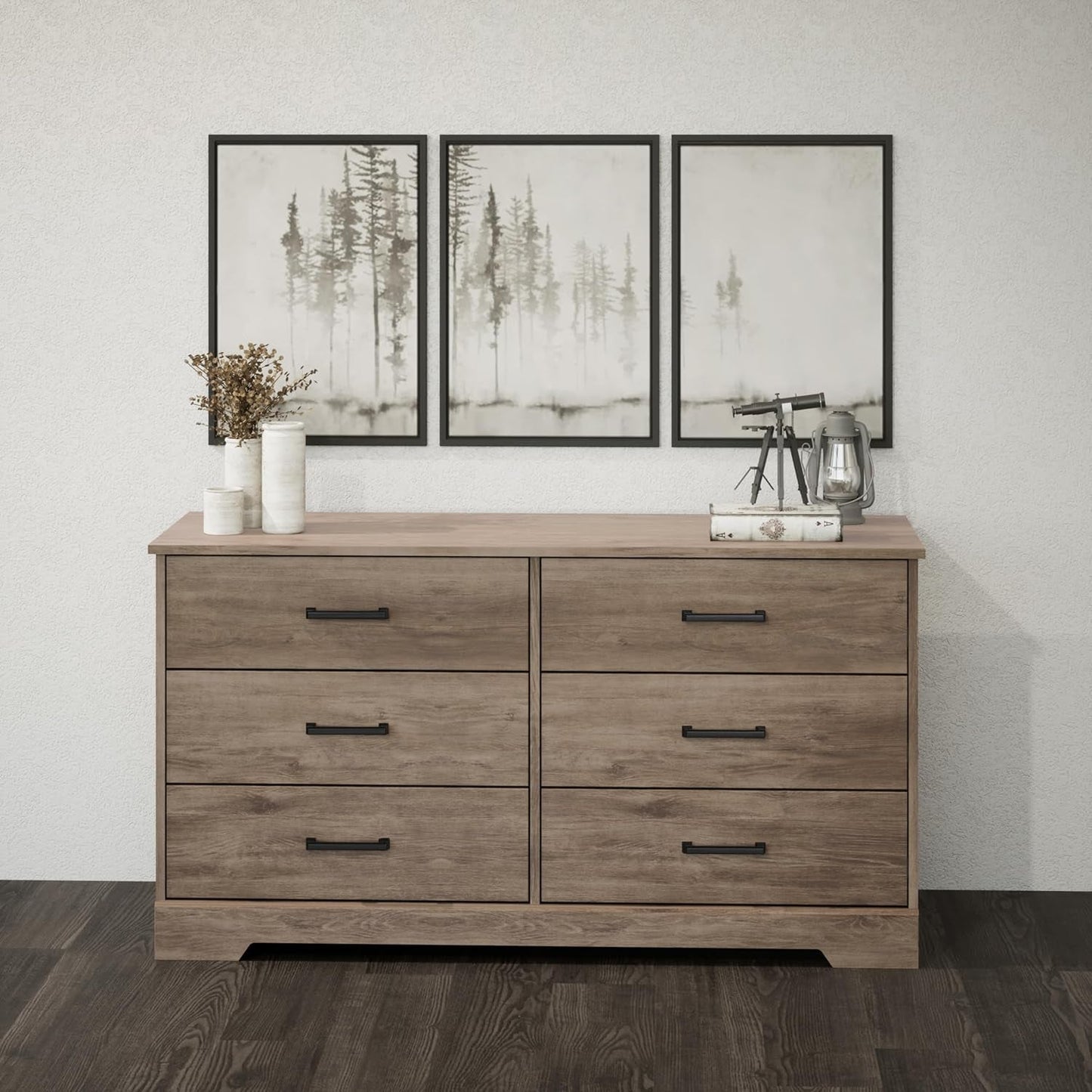 Rustic Ridge Farmhouse 6-Drawer Double Dresser, Brown Dresser for Bedroom, Chest of Drawers with 6 Storage Drawers, 53.25” Wide X 18.25” Deep X 28.5” Tall, Brown