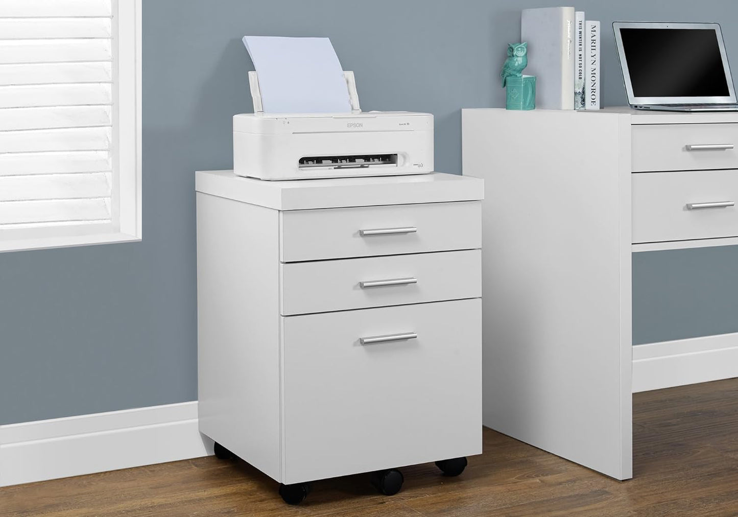 White Hollow-Core 3 Drawer File Cabinet on Castors