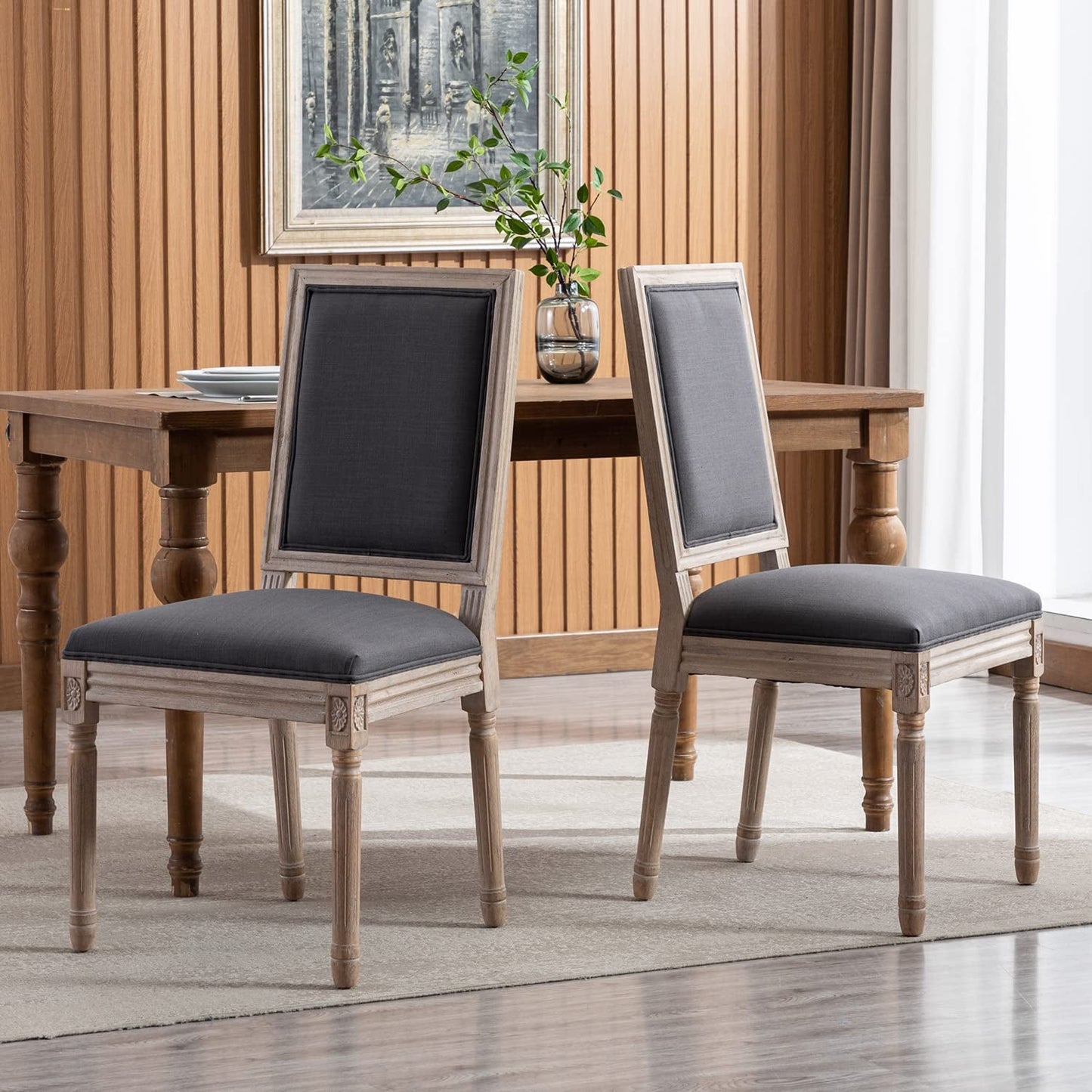 Set of 6 French Country Farmhouse Dining Chairs, Square Backrest, Upholstered, Solid Wood Leg