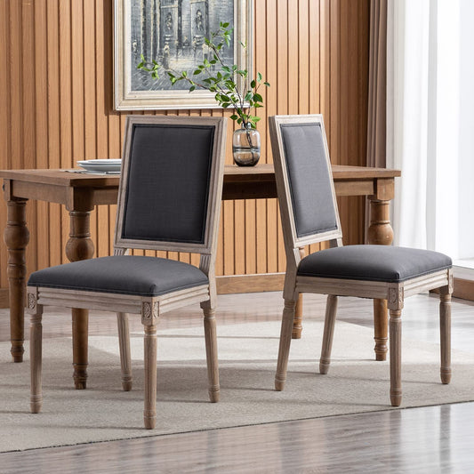Set of 6 French Country Farmhouse Dining Chairs, Square Backrest, Upholstered, Solid Wood Leg