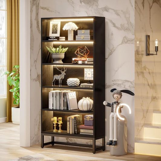 Tall Bookcase Black Bookshelf, 70.8” Large Bookcases Organizer with LED Lights, Heavy Duty Free-Standing Library Bookshelf with 5-Tier Storage Shelves for Living Room, Bedroom (Black)