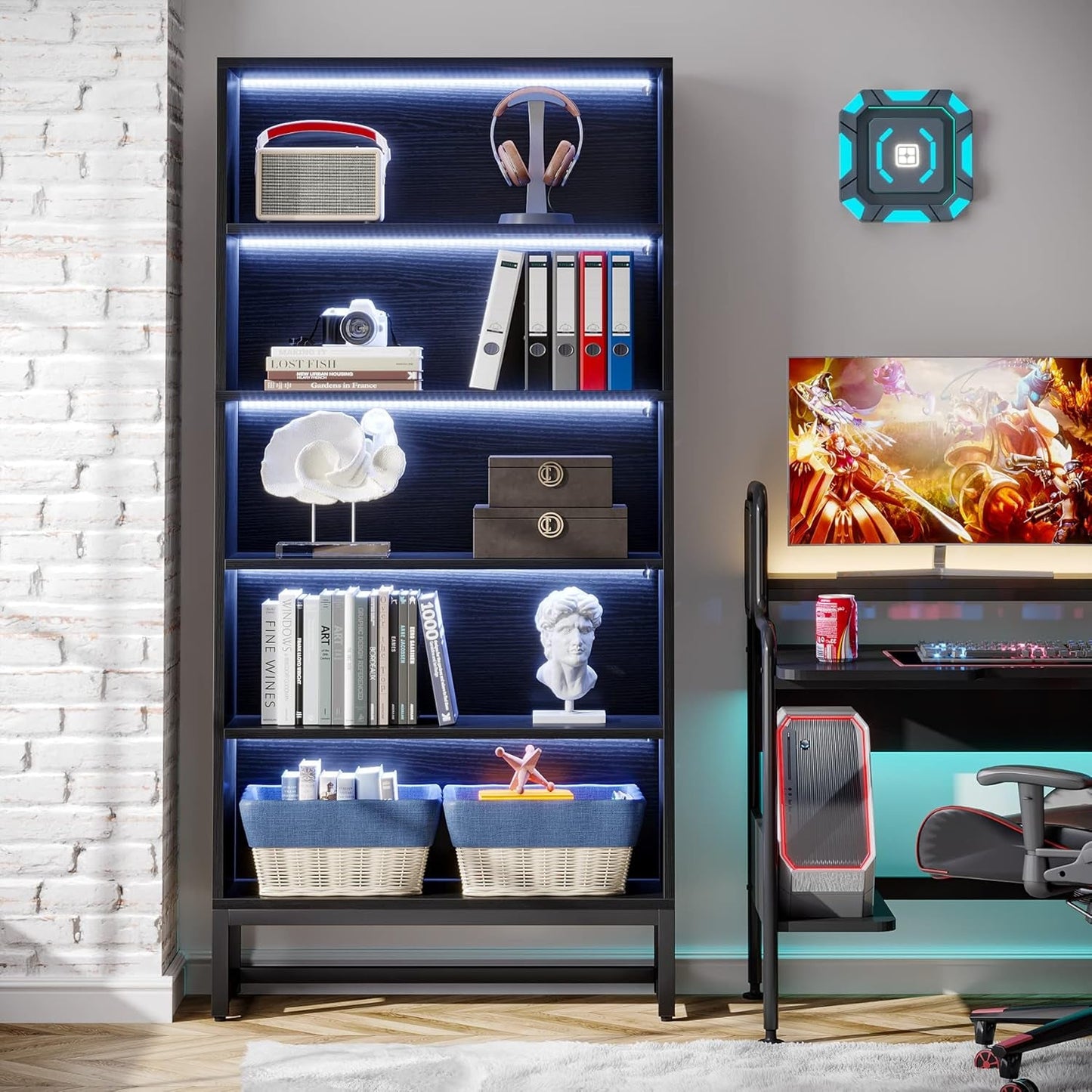 Tall Bookcase Black Bookshelf, 70.8” Large Bookcases Organizer with LED Lights, Heavy Duty Free-Standing Library Bookshelf with 5-Tier Storage Shelves for Living Room, Bedroom (Black)
