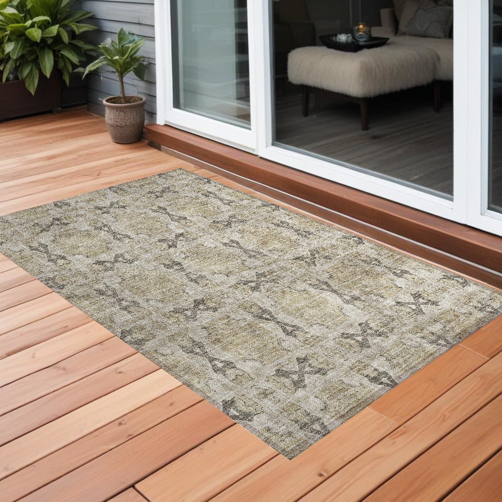 2' X 3' Beige and Gray Floral Medallion Washable Non Skid Indoor Outdoor Area Rug