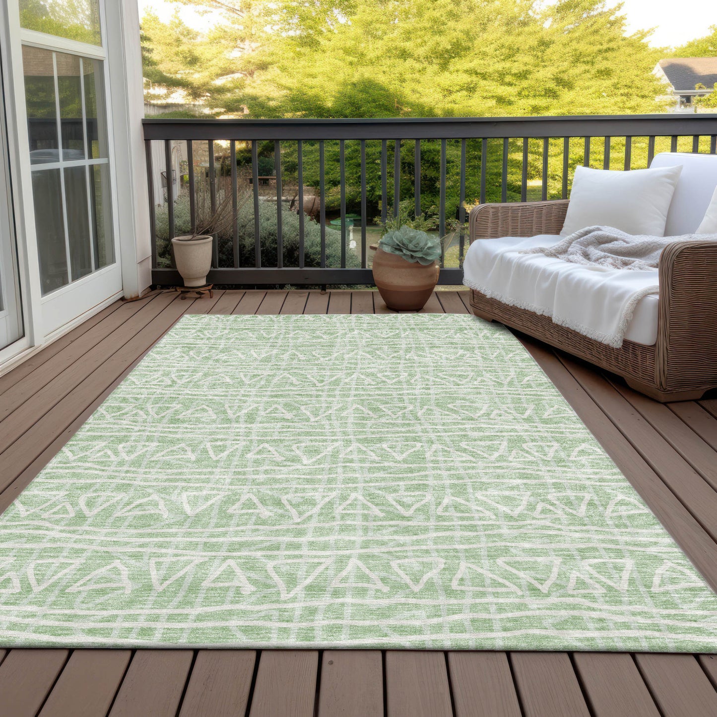 8' X 10' Mint Green Artichoke Green And Ivory Geometric Washable Indoor Outdoor Area Rug