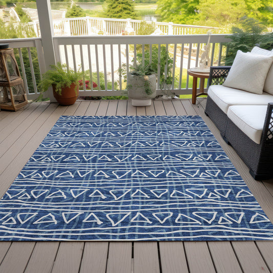 3' X 5' Navy Blue And Ivory Geometric Washable Indoor Outdoor Area Rug