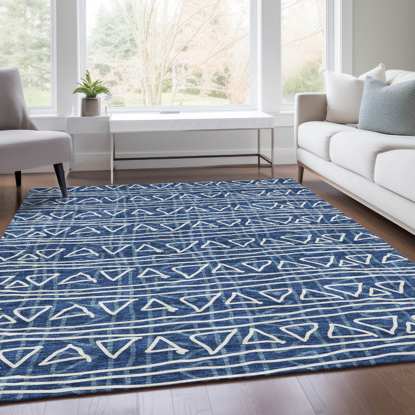 3' X 5' Navy Blue And Ivory Geometric Washable Indoor Outdoor Area Rug
