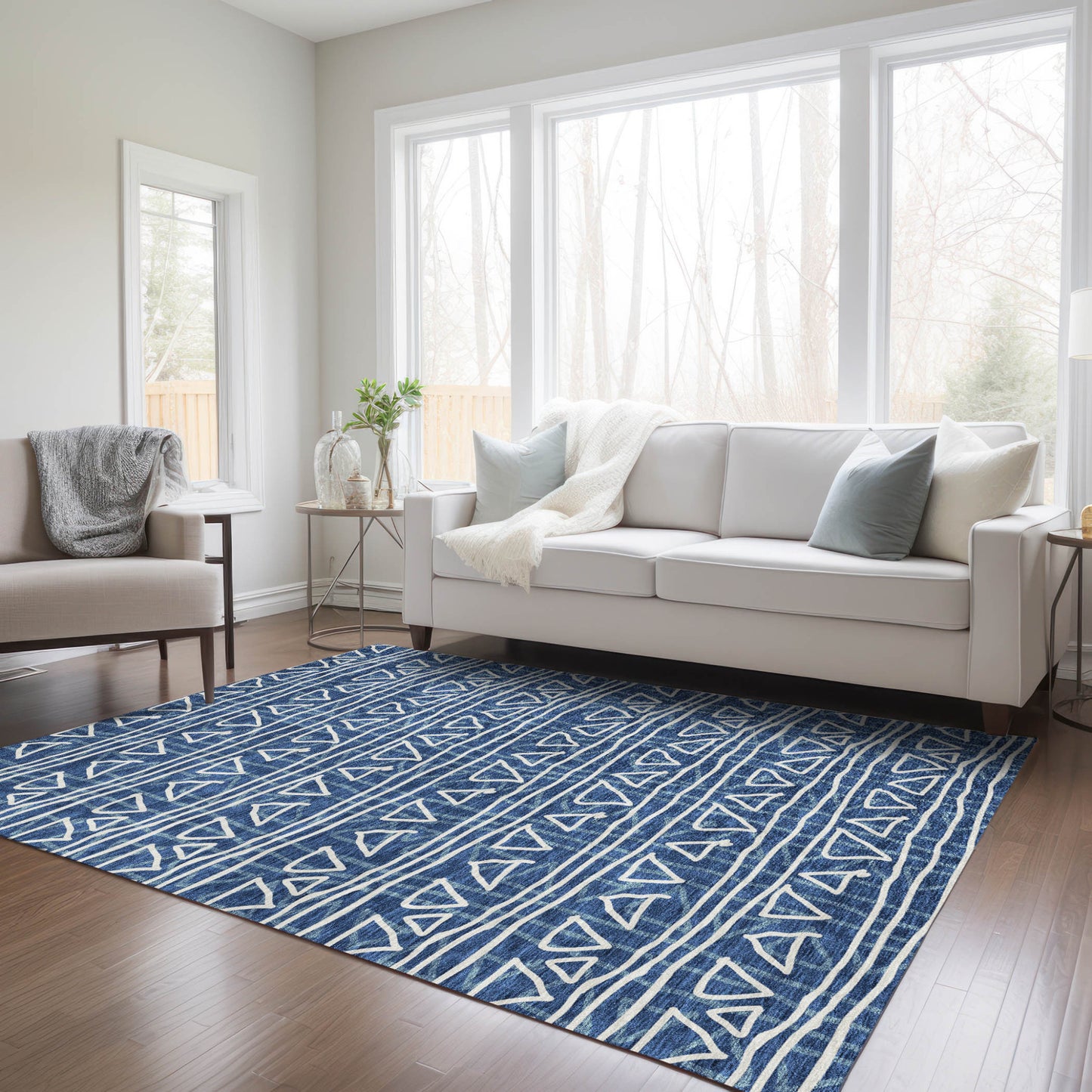 3' X 5' Navy Blue And Ivory Geometric Washable Indoor Outdoor Area Rug