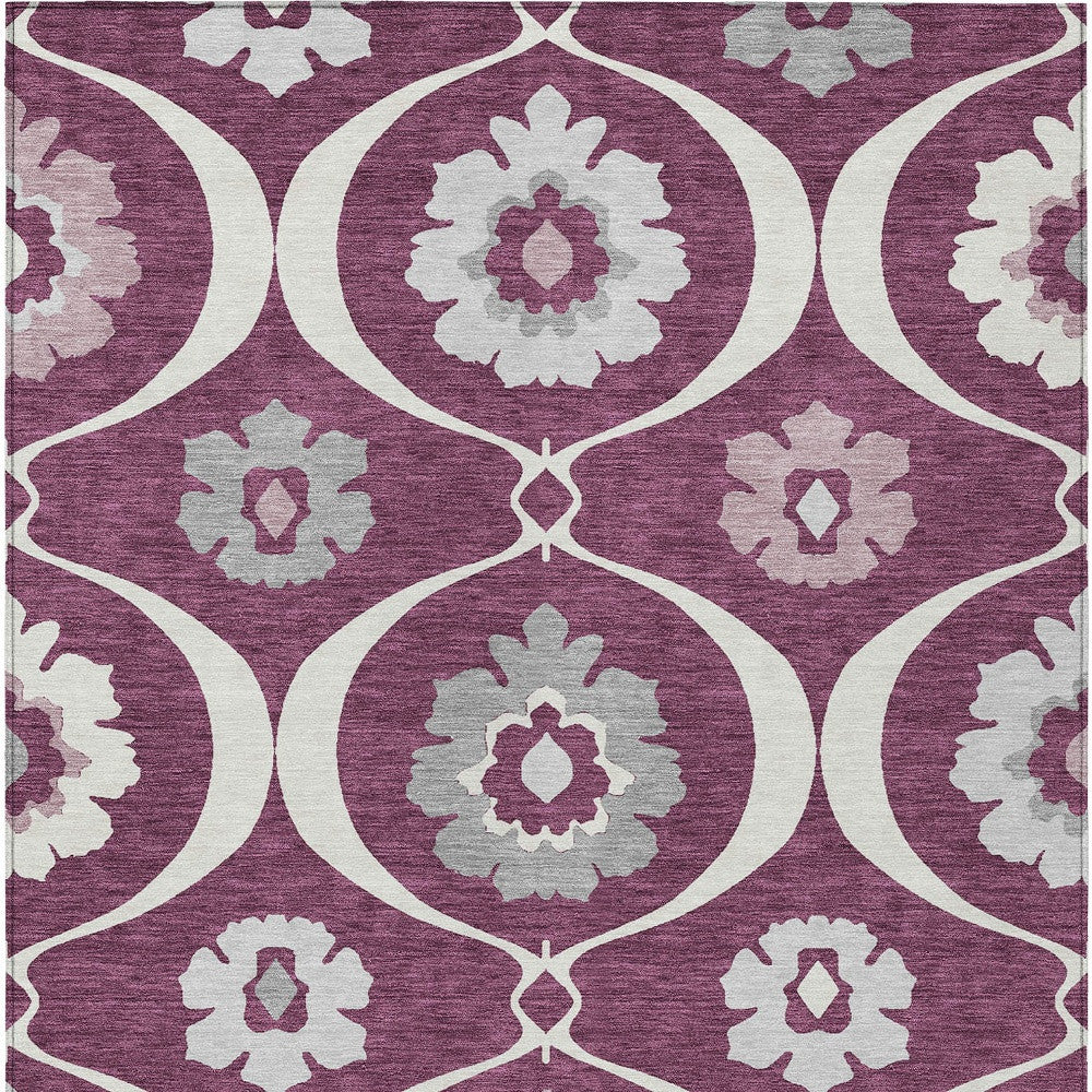 3' X 5' Eggplant Ivory And Gray Medallion Washable Indoor Outdoor Area Rug