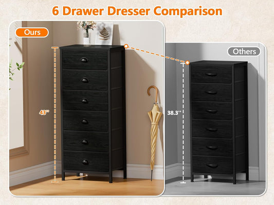 Tall Dresser with 6 Drawers,Vertical Bedside End Table & Chest for Bedroom,Black Storage Tower Dorm Nightstand with Fabric Drawer Organizer Unit Furniture in Living Room,Closet,Hallyway