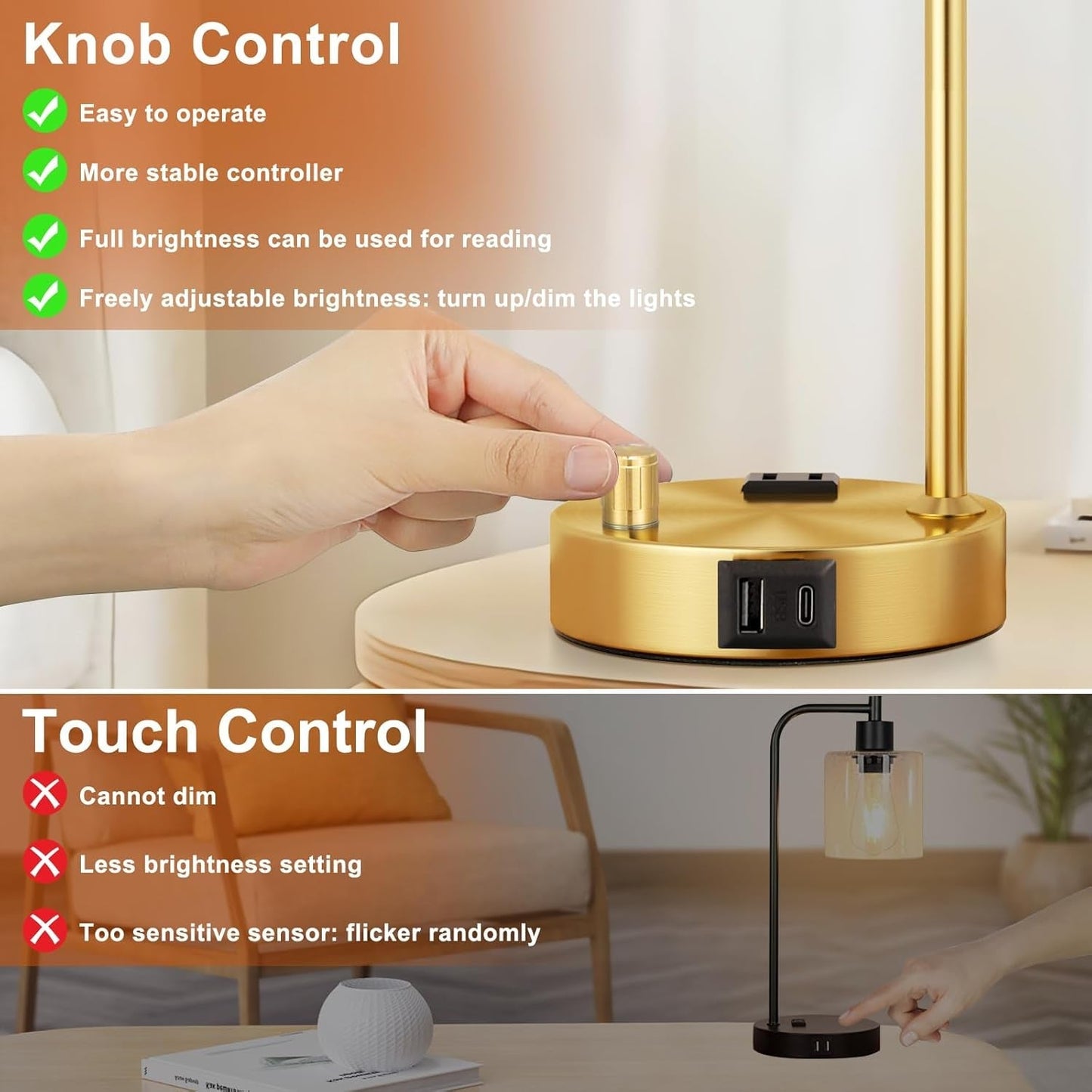 Industrial Table Lamps for Bedroom Set of 2 - Fully Dimmable Bedside Lamps with USB Ports and Outlet, Gold Nightstand Lamps with Clear Glass Shade for Living Room, Desk Lamps for Office Reading