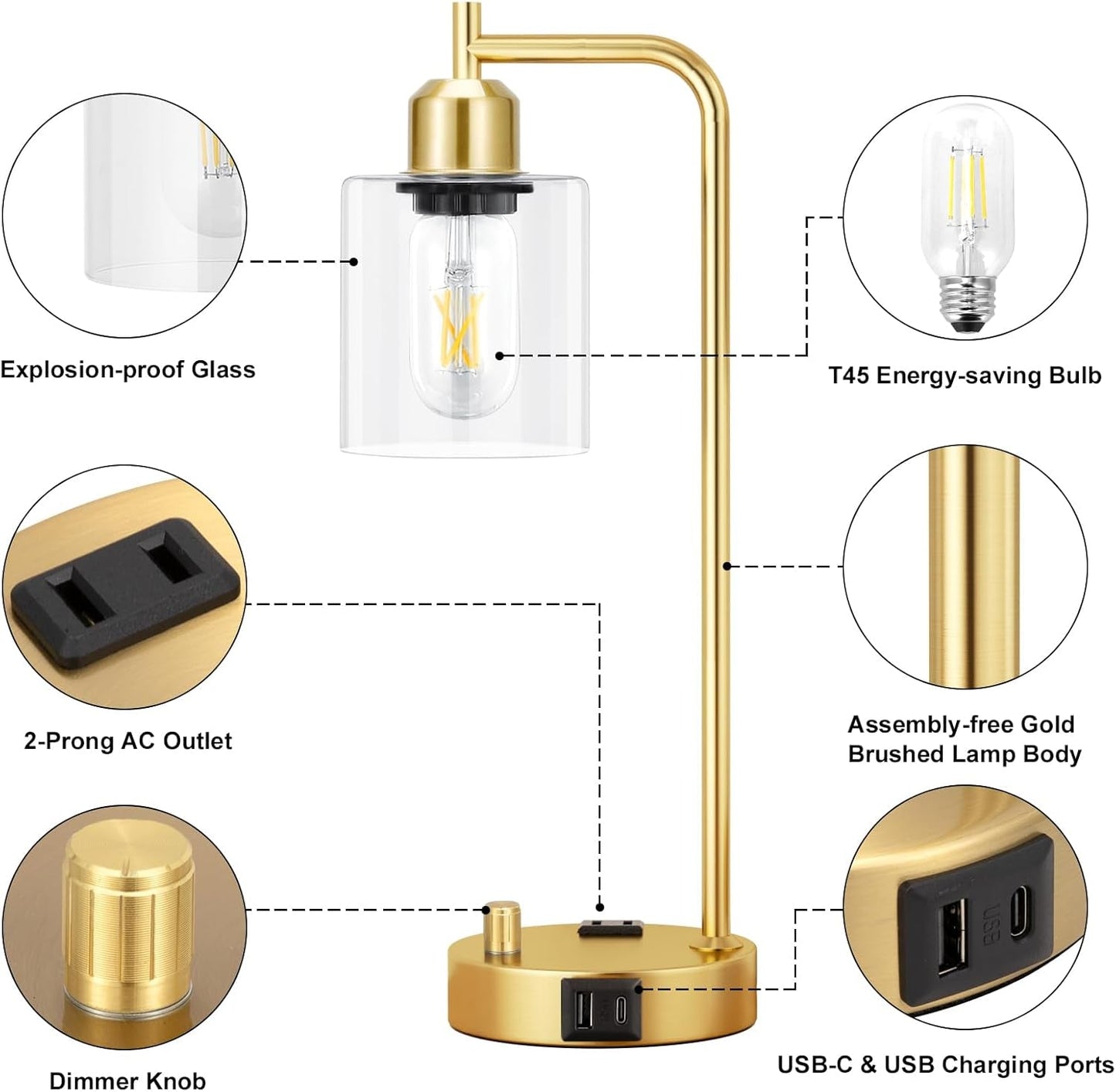 Industrial Table Lamps for Bedroom Set of 2 - Fully Dimmable Bedside Lamps with USB Ports and Outlet, Gold Nightstand Lamps with Clear Glass Shade for Living Room, Desk Lamps for Office Reading