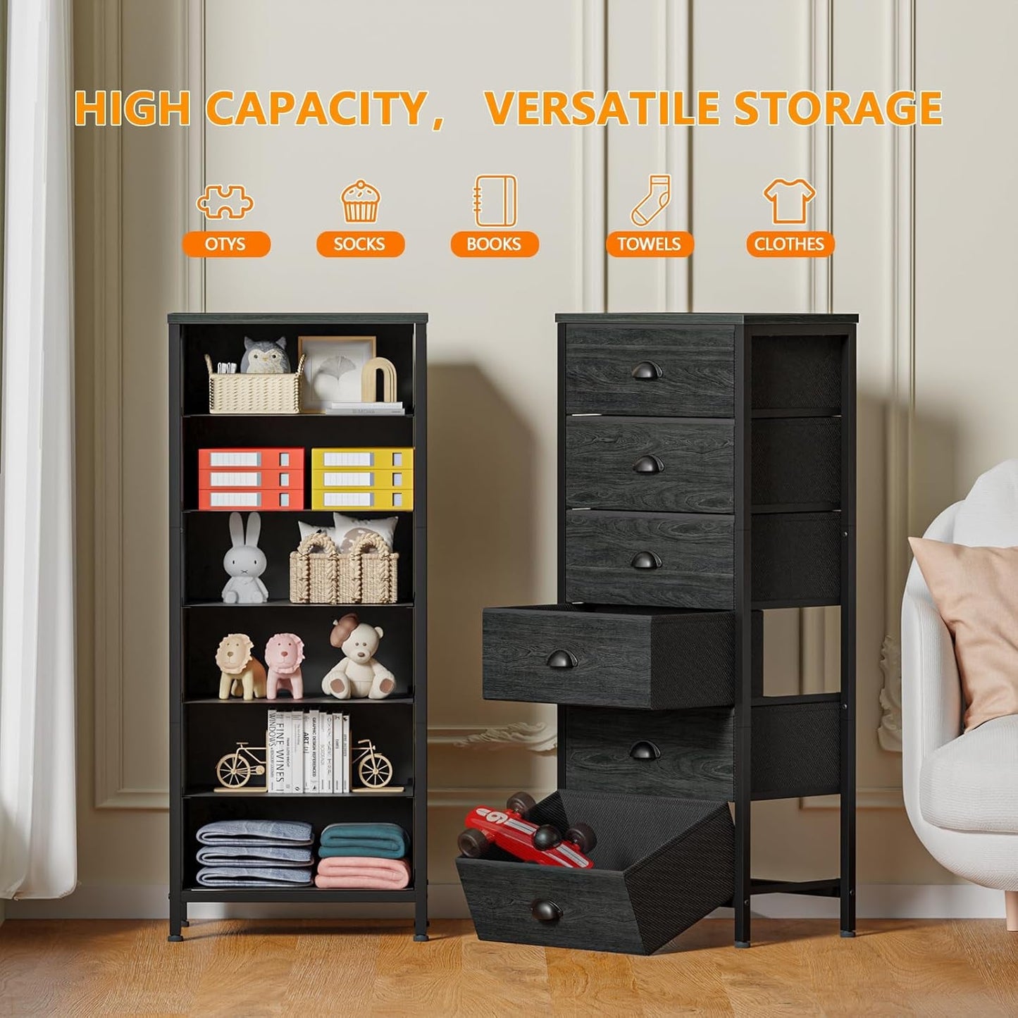 Tall Dresser with 6 Drawers,Vertical Bedside End Table & Chest for Bedroom,Black Storage Tower Dorm Nightstand with Fabric Drawer Organizer Unit Furniture in Living Room,Closet,Hallyway