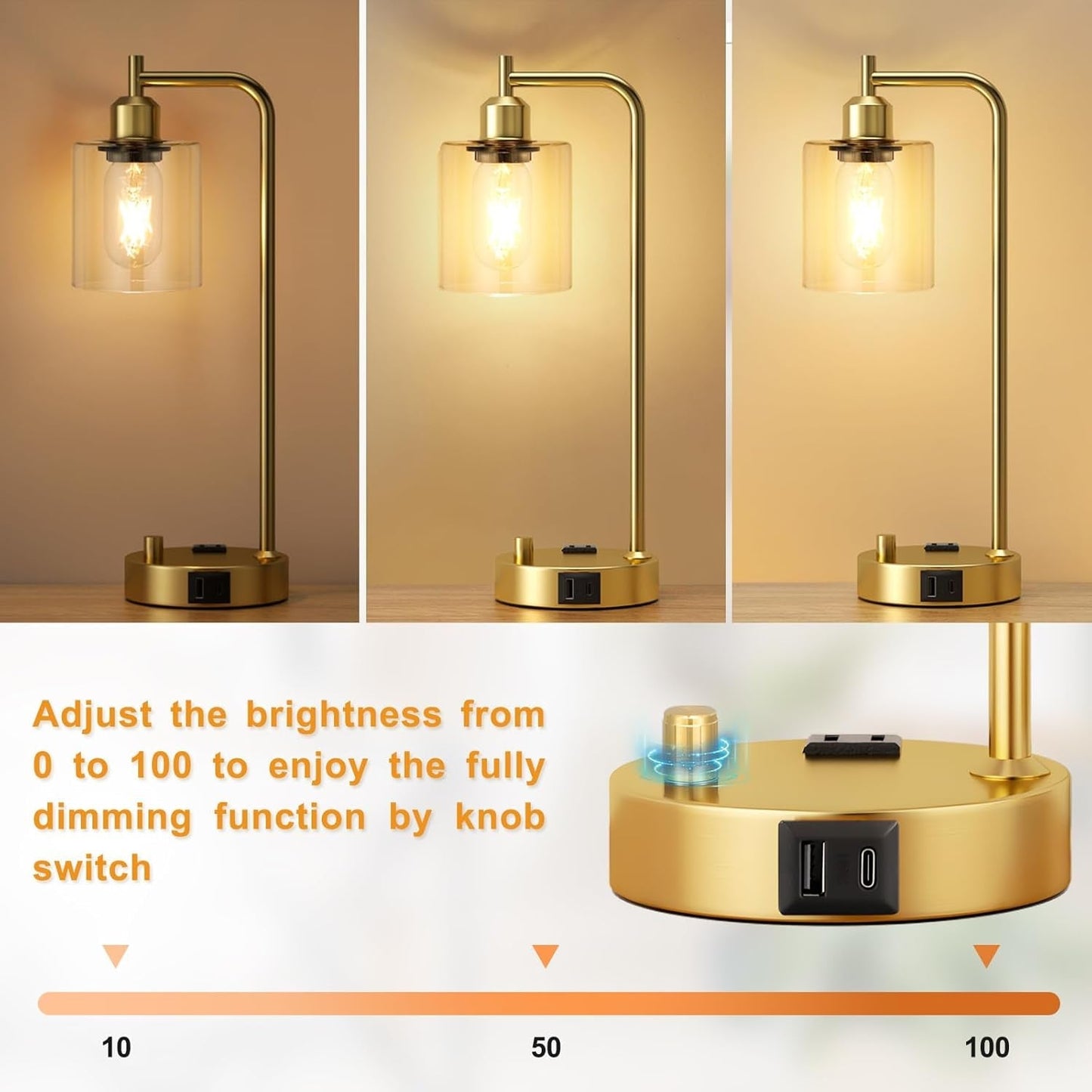 Industrial Table Lamps for Bedroom Set of 2 - Fully Dimmable Bedside Lamps with USB Ports and Outlet, Gold Nightstand Lamps with Clear Glass Shade for Living Room, Desk Lamps for Office Reading