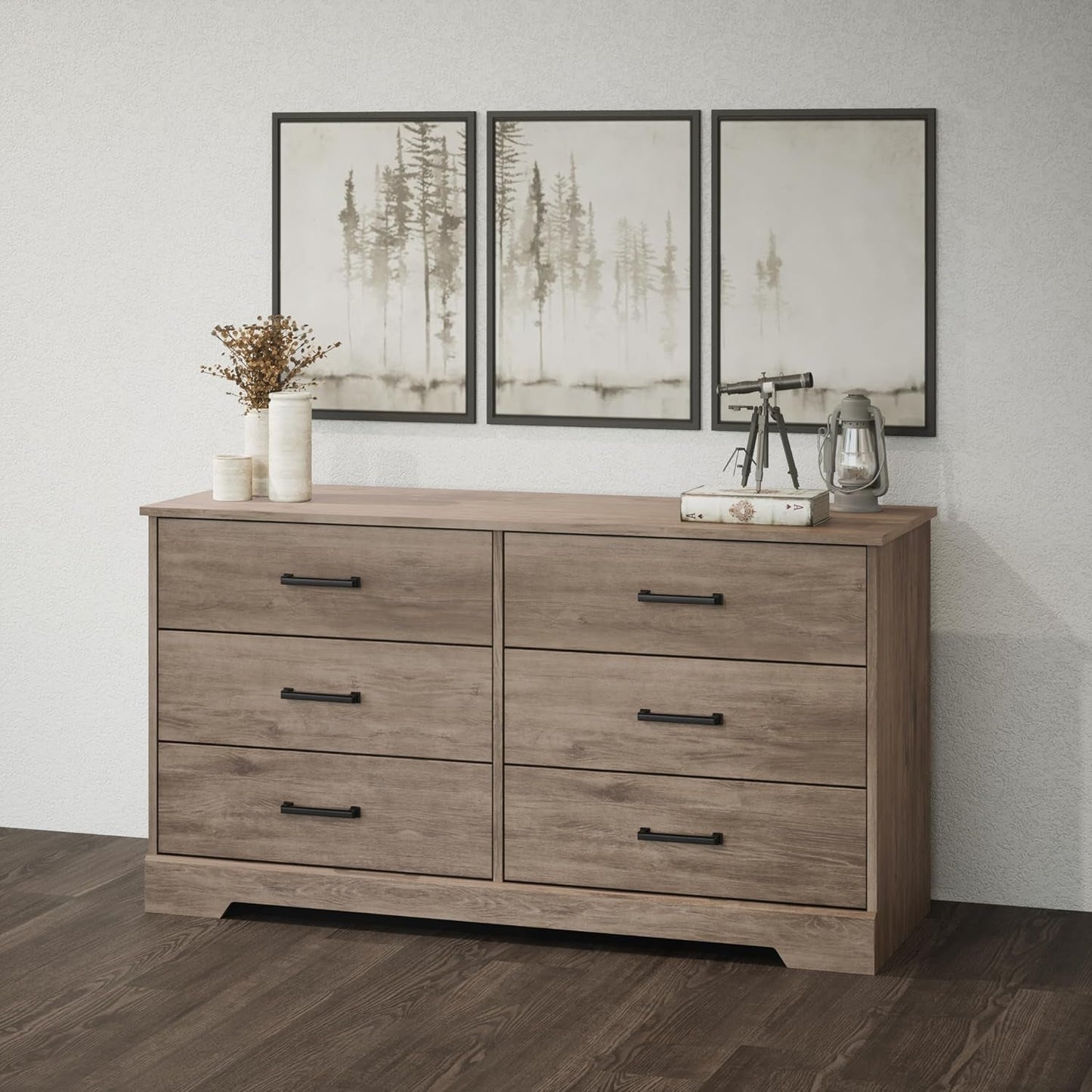 Rustic Ridge Farmhouse 6-Drawer Double Dresser, Brown Dresser for Bedroom, Chest of Drawers with 6 Storage Drawers, 53.25” Wide X 18.25” Deep X 28.5” Tall, Brown